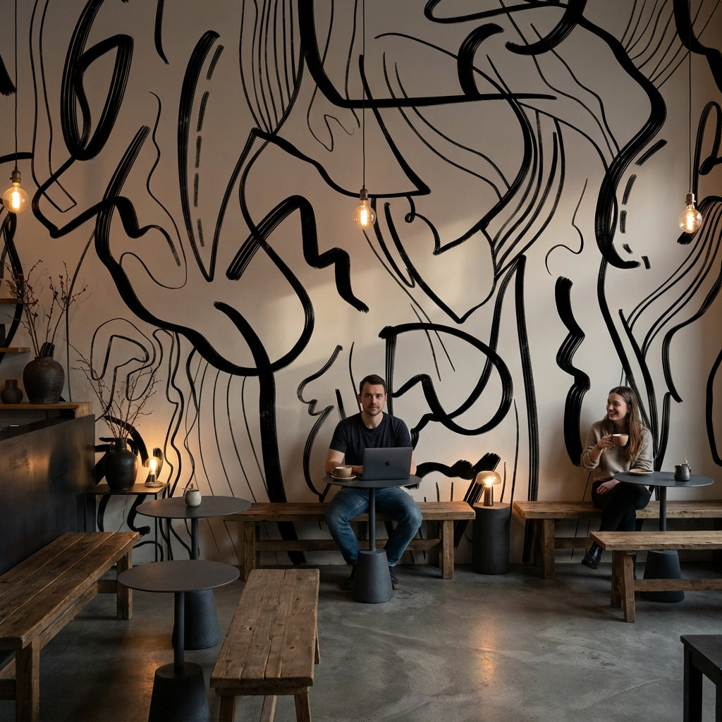 Abstract Wallpaper Black Lines Beige Removable Wall Decor