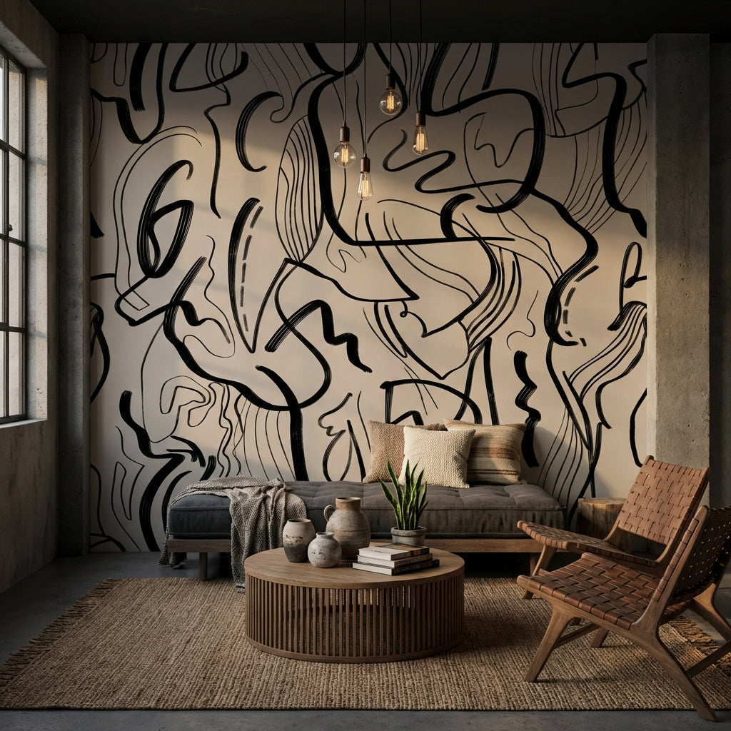 Abstract Wallpaper Black Lines Beige Removable Wall Decor