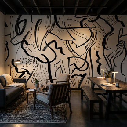 Abstract Wallpaper Black Lines Beige Removable Wall Decor