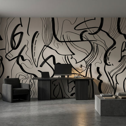 Abstract Wallpaper Black Lines Beige Removable Wall Decor