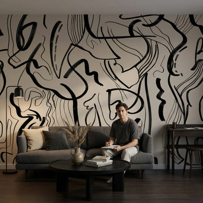 Abstract Wallpaper Black Lines Beige Removable Wall Decor
