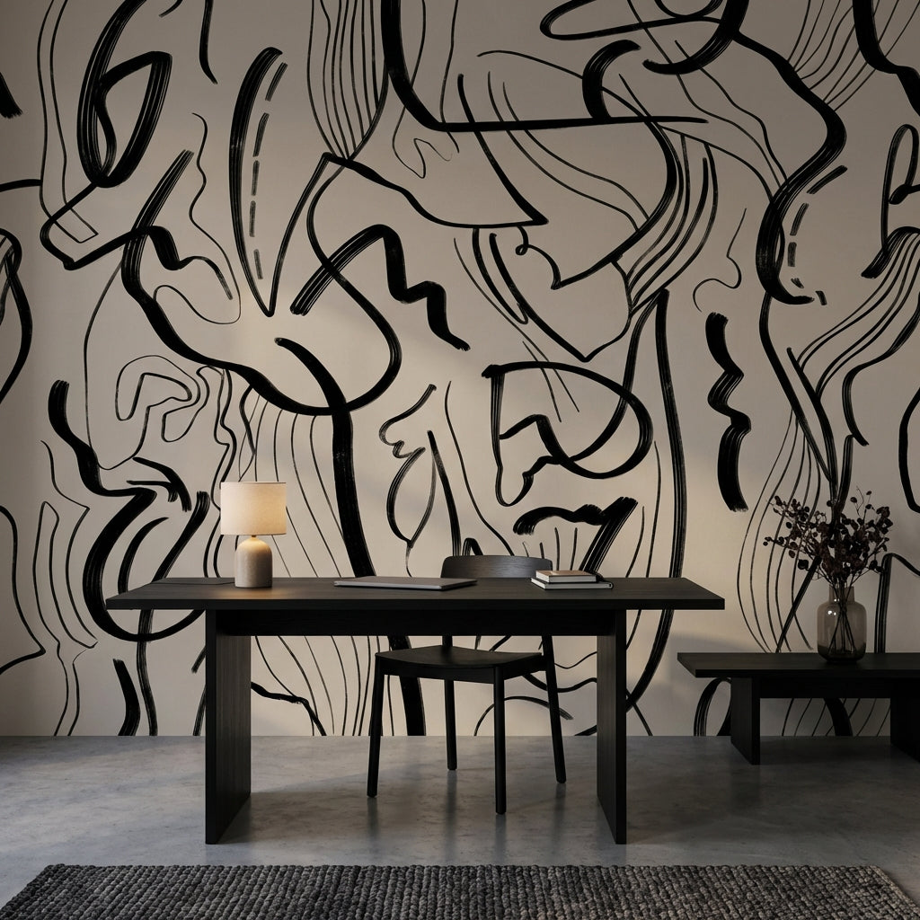 Abstract Wallpaper Black Lines Beige Removable Wall Decor
