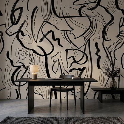 Abstract Wallpaper Black Lines Beige Removable Wall Decor