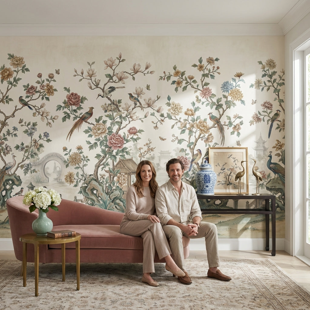 Chinoiserie Toile Wallpaper Floral Birds Wall Mural