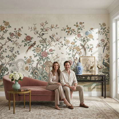 Chinoiserie Toile Wallpaper Floral Birds Wall Mural
