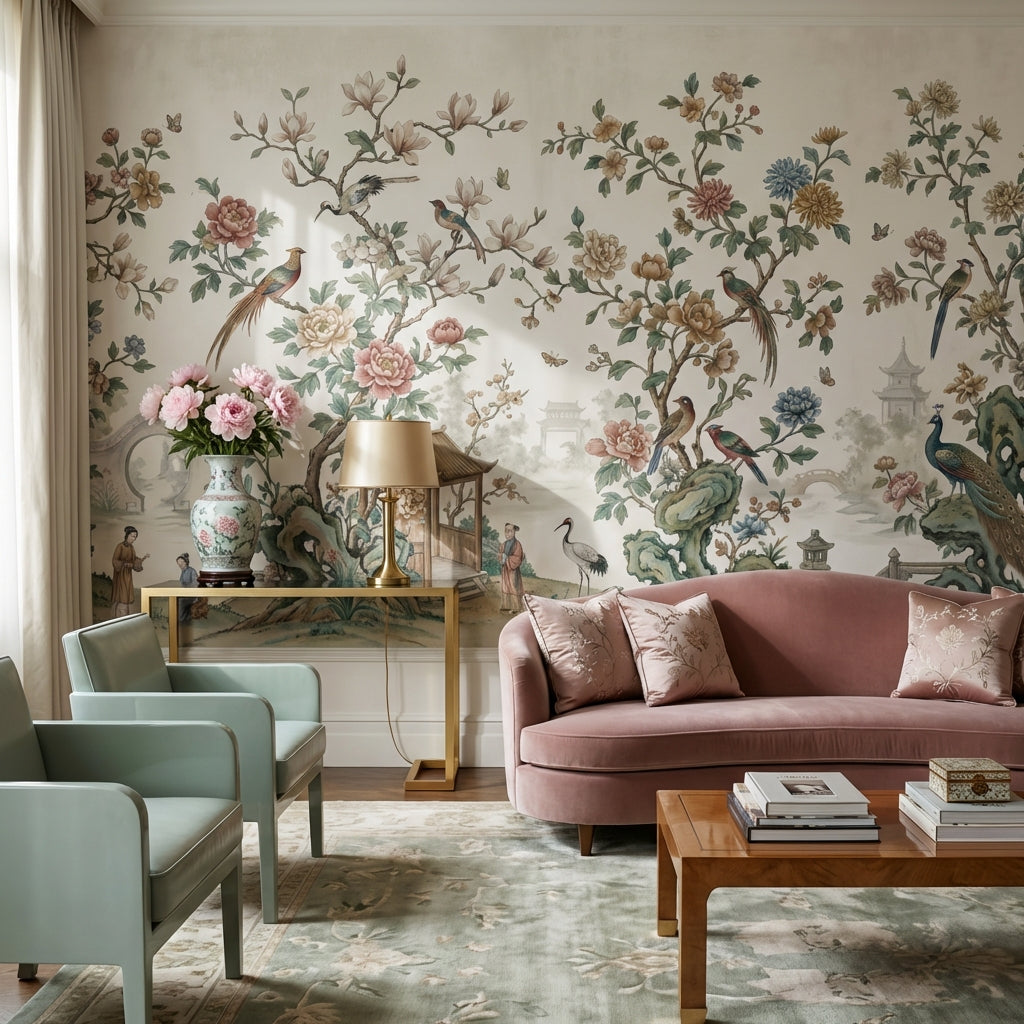 Chinoiserie Toile Wallpaper Floral Birds Wall Mural