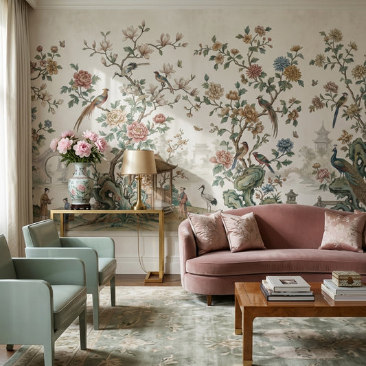 Chinoiserie Toile Wallpaper Floral Birds Wall Mural