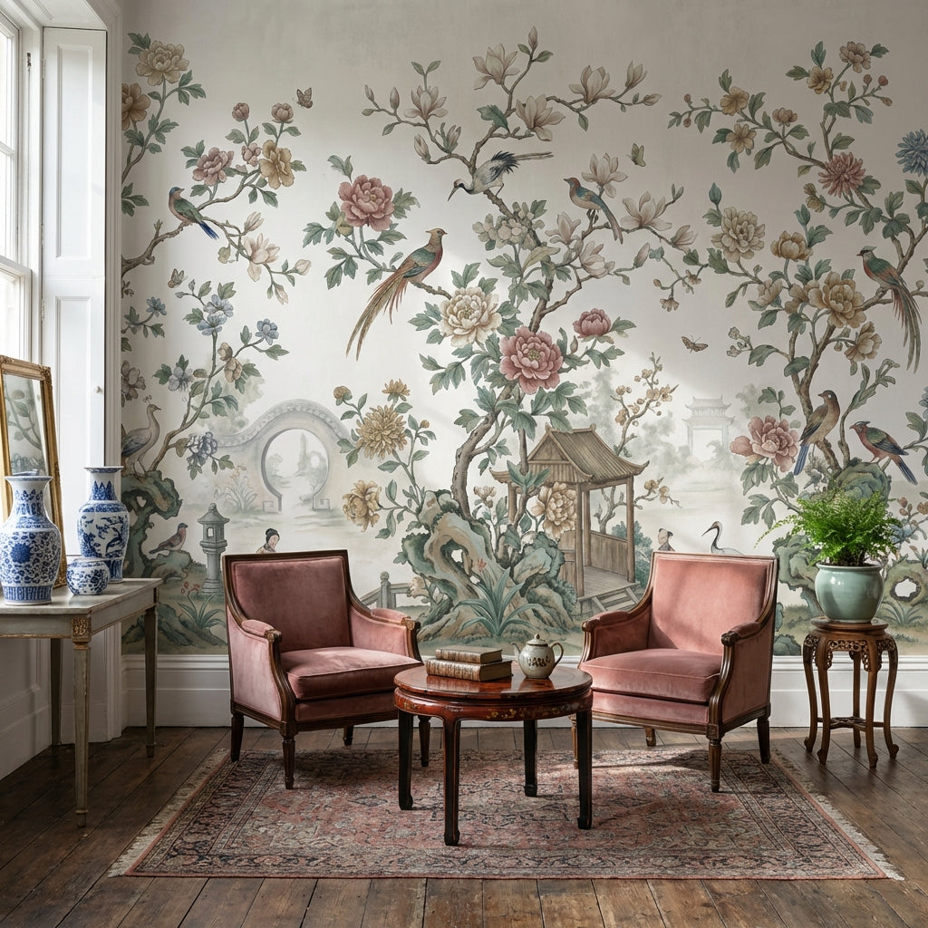 Chinoiserie Toile Wallpaper Floral Birds Wall Mural