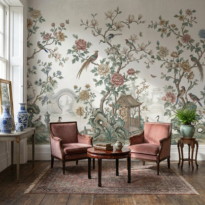 Chinoiserie Toile Wallpaper Floral Birds Wall Mural