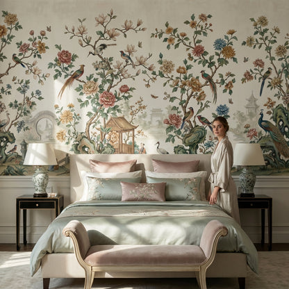 Chinoiserie Toile Wallpaper Floral Birds Wall Mural