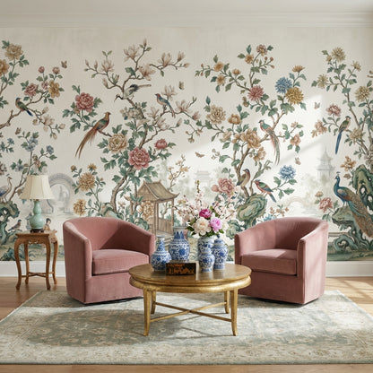 Chinoiserie Toile Wallpaper Floral Birds Wall Mural