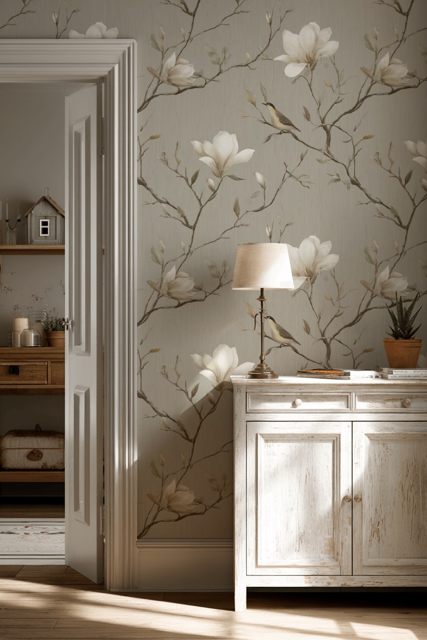Floral Wallpaper Magnolia Bird Decorative Mural