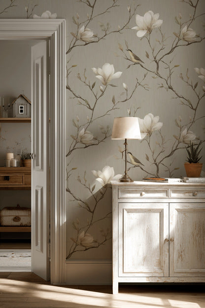 Floral Wallpaper Magnolia Bird Decorative Mural