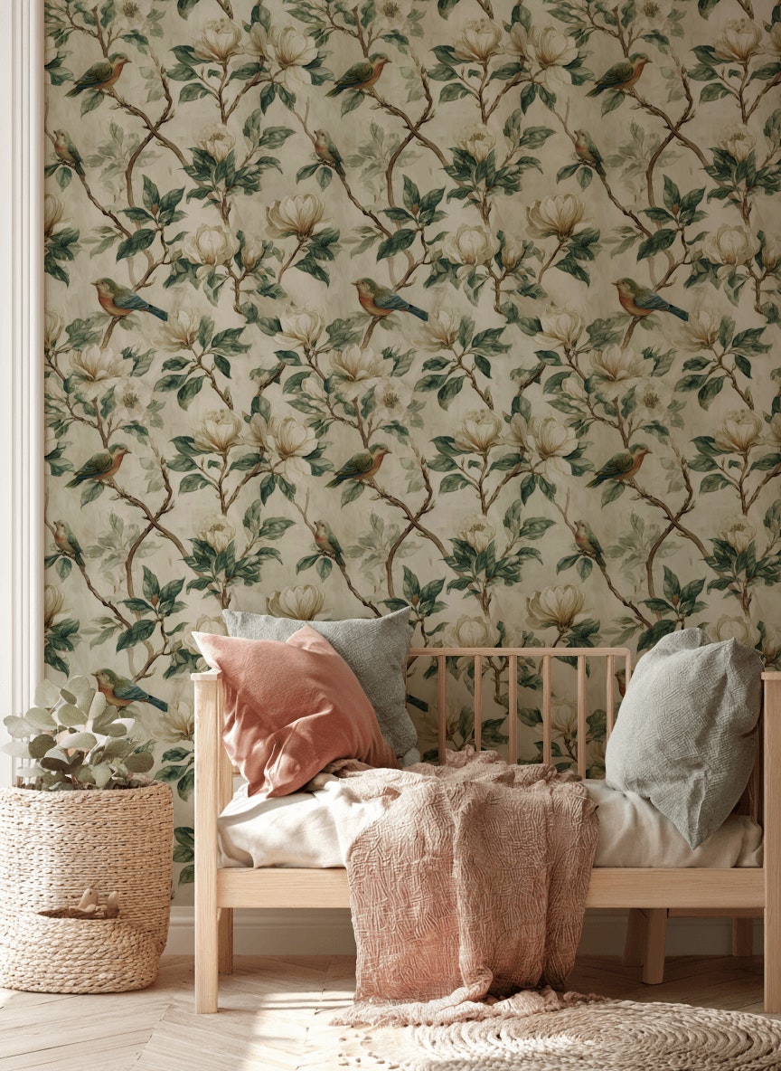 Floral Wallpaper Birds Removable Vintage Wall Double Roll