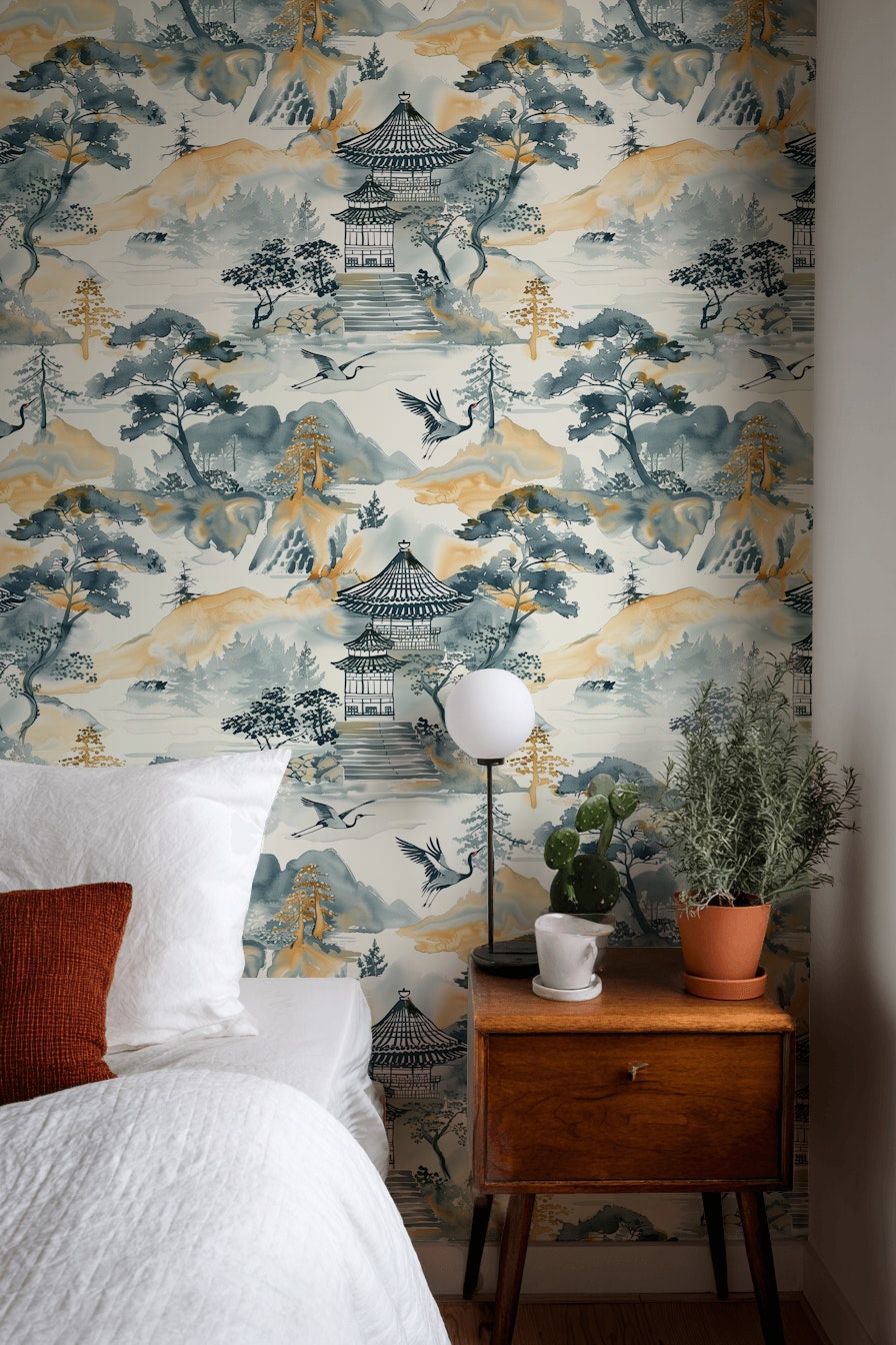 Asian Landscape Wallpaper Pagoda Traditional Decorative Mural