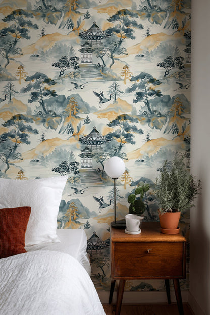Asian Landscape Wallpaper Pagoda Traditional Decorative Mural