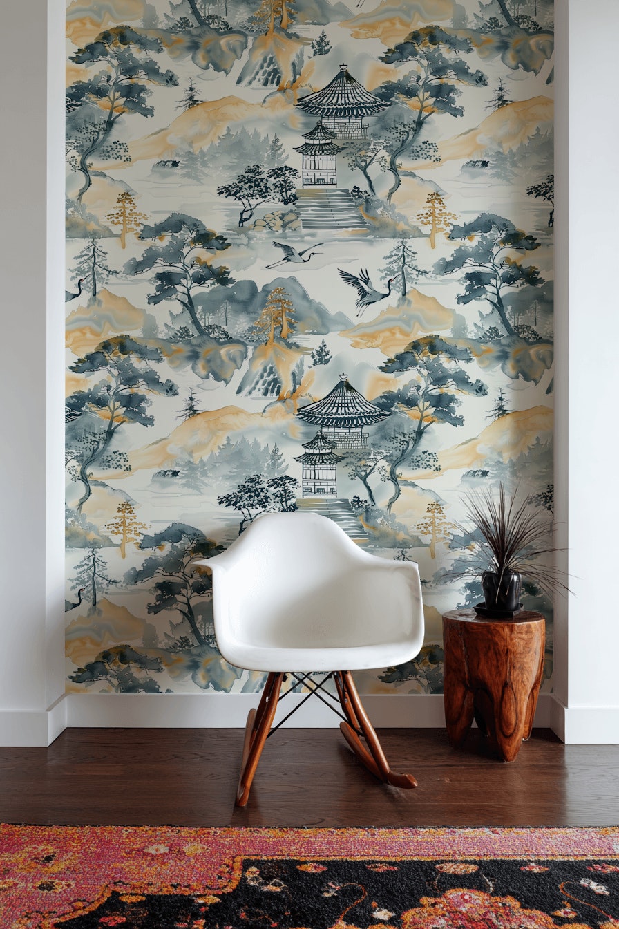 Asian Landscape Wallpaper Pagoda Traditional Decorative Mural