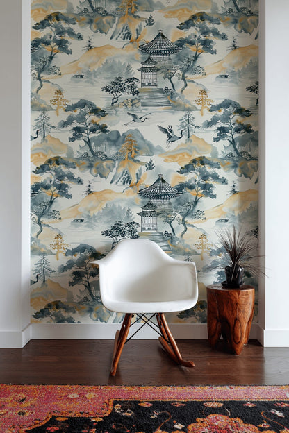 Asian Landscape Wallpaper Pagoda Traditional Decorative Mural