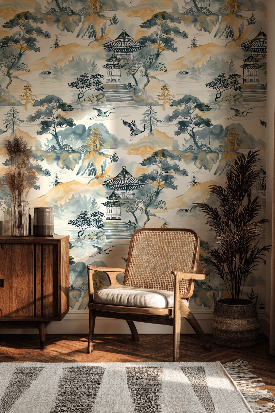 Asian Landscape Wallpaper Pagoda Traditional Decorative Mural