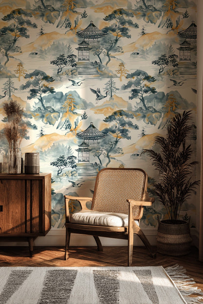 Asian Landscape Wallpaper Pagoda Traditional Decorative Mural