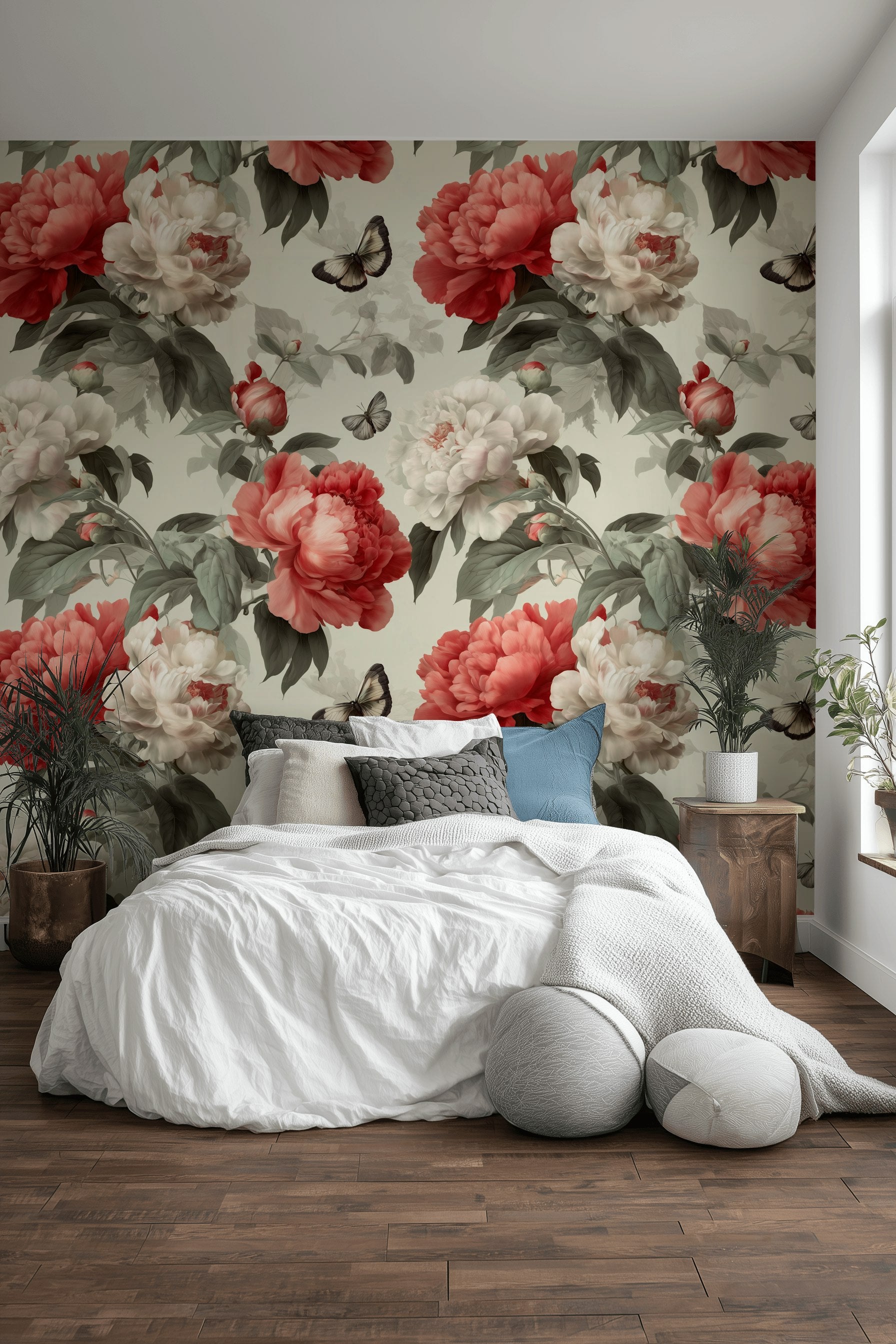Floral Wallpaper Peonies Removable Butterflies Wall Double Roll