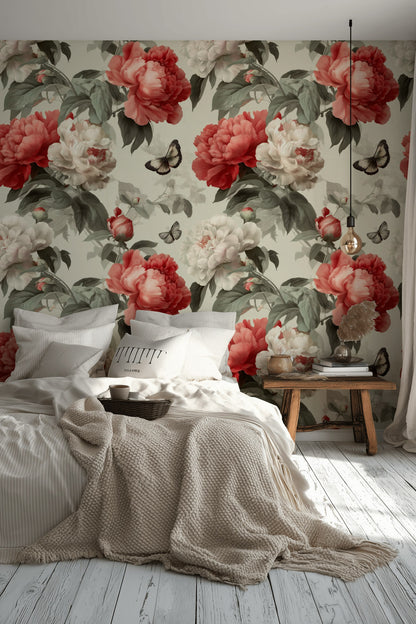 Floral Wallpaper Peonies Removable Butterflies Wall Double Roll