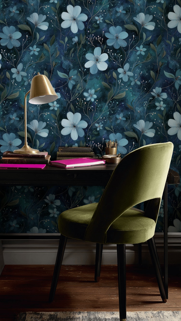 Floral Wallpaper Blue Abstract Decorative Mural
