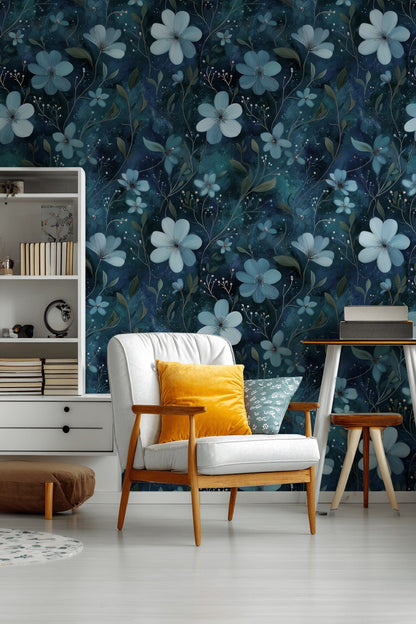 Floral Wallpaper Blue Abstract Decorative Mural
