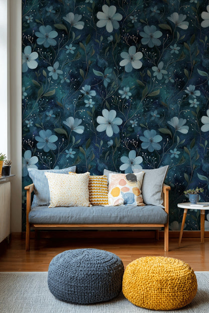 Floral Wallpaper Blue Abstract Decorative Mural
