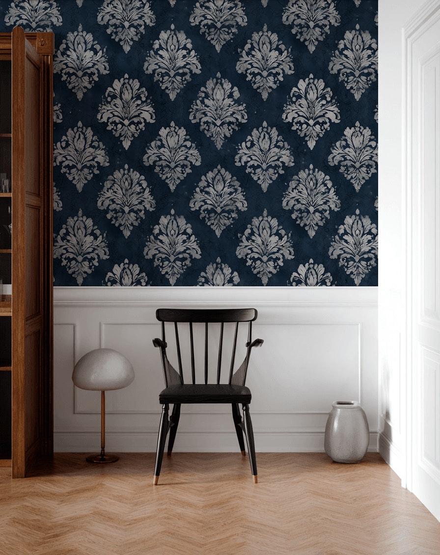 Vintage Damask Wallpaper Elegant Removable Navy Wall Decor