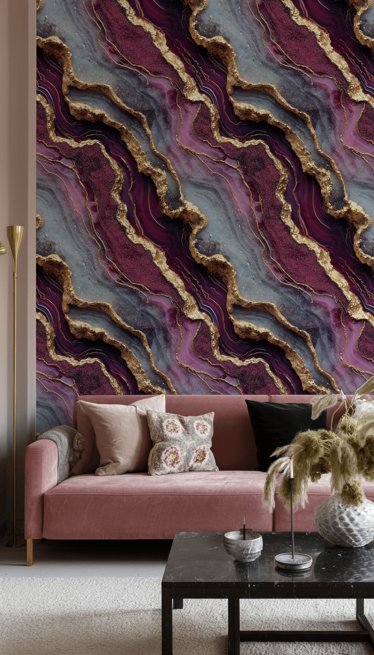 Marble Wallpaper Purple Golden Look  Removable Wall Decor