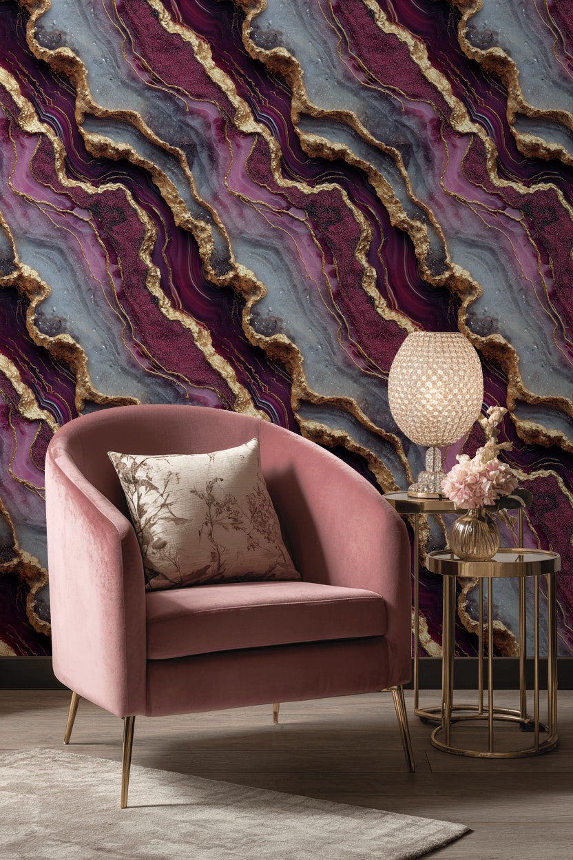 Marble Wallpaper Purple Golden Look  Removable Wall Decor