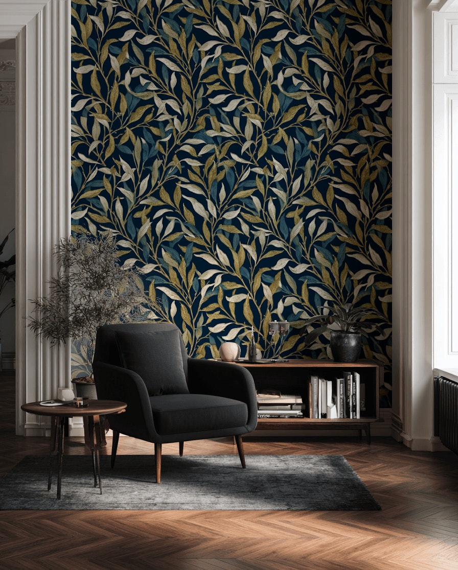 Leaves Wallpaper Navy Modern Decorative Mural