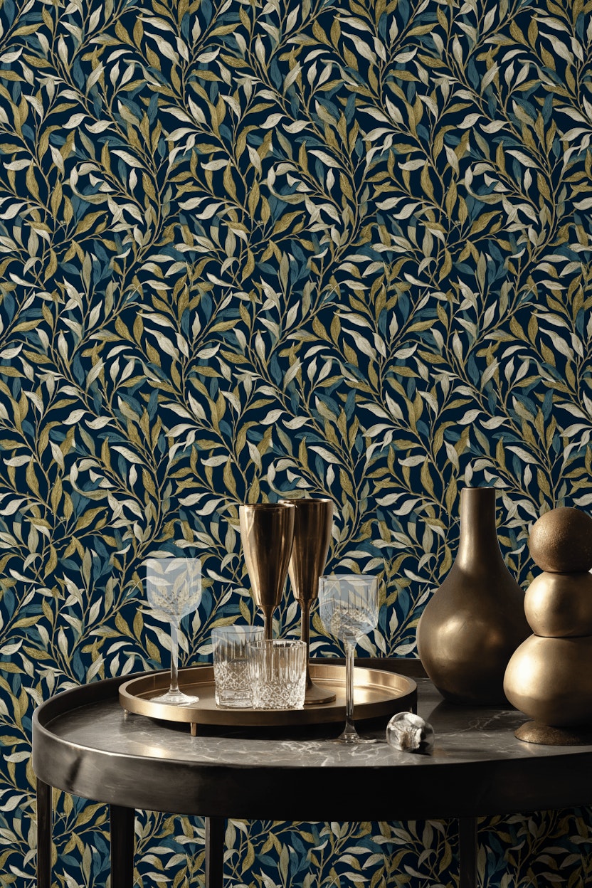 Leaves Wallpaper Navy Modern Decorative Mural