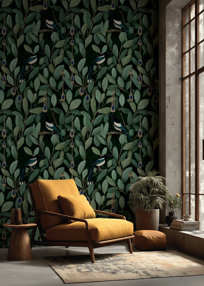 Foliage Wallpaper Birds Ornate Removable Wall Decor