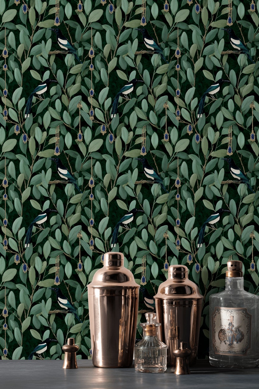 Foliage Wallpaper Birds Ornate Removable Wall Decor