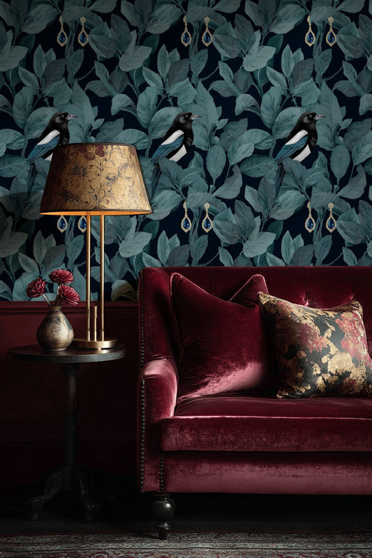 Magpie Wallpaper Teal Leaves Dark Background Mural