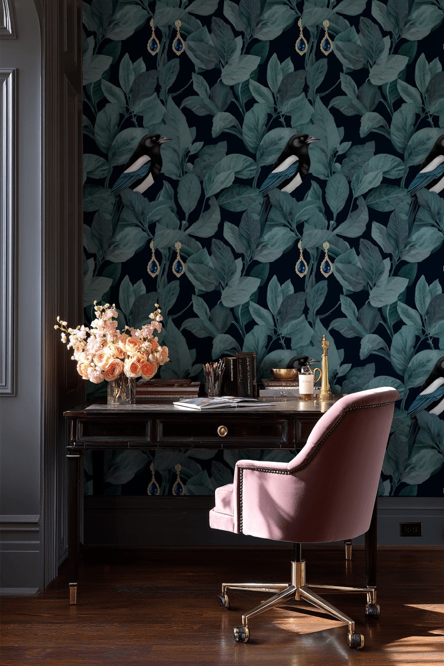 Magpie Wallpaper Teal Leaves Dark Background Mural