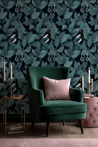 Magpie Wallpaper Teal Leaves Dark Background Mural
