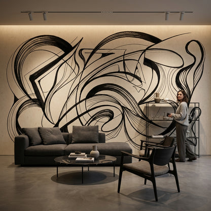 Abstract Wallpaper Black Lines Minimalist Wall Mural