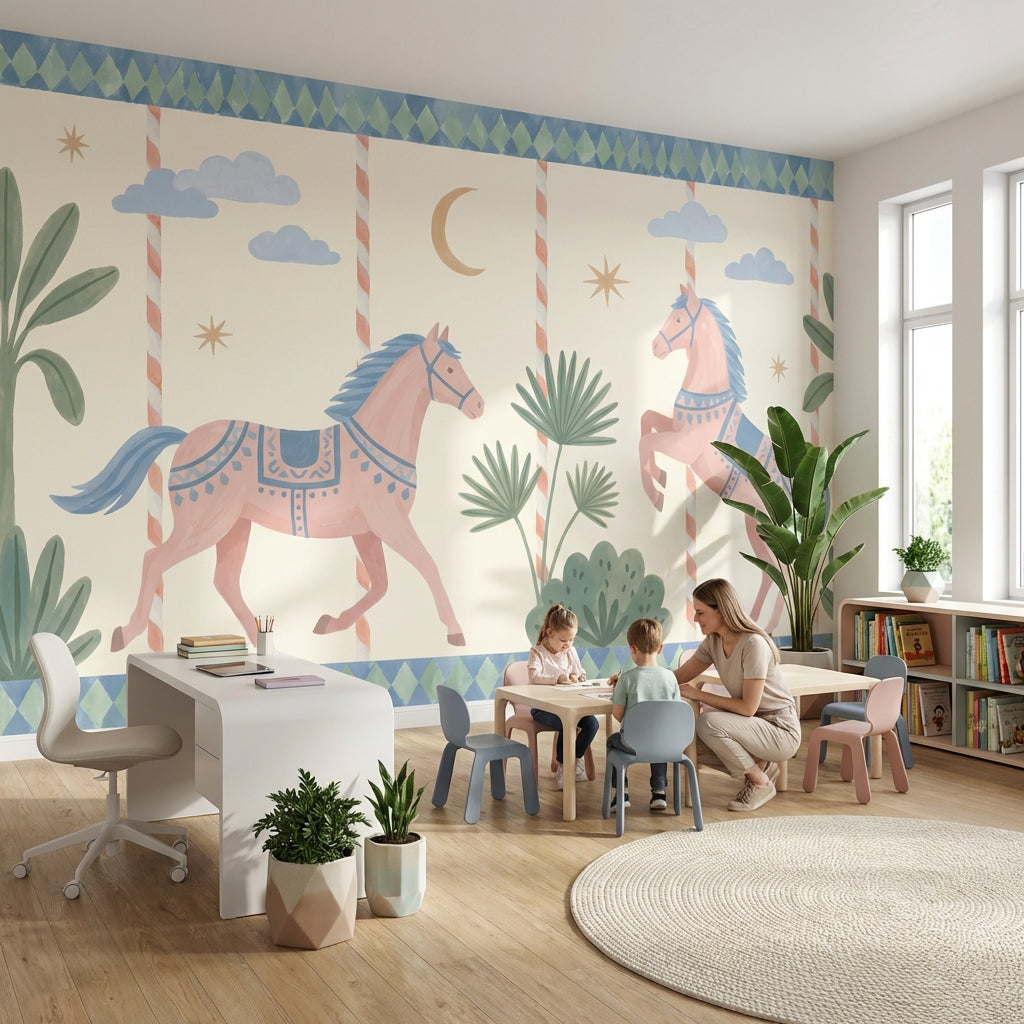 Whimsical Horses Wallpaper Pastel Geometric Removable Wall Decor