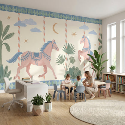 Whimsical Horses Wallpaper Pastel Geometric Removable Wall Decor