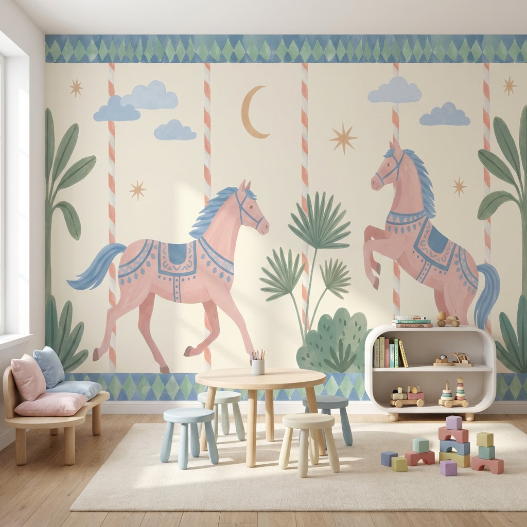 Whimsical Horses Wallpaper Pastel Geometric Removable Wall Decor