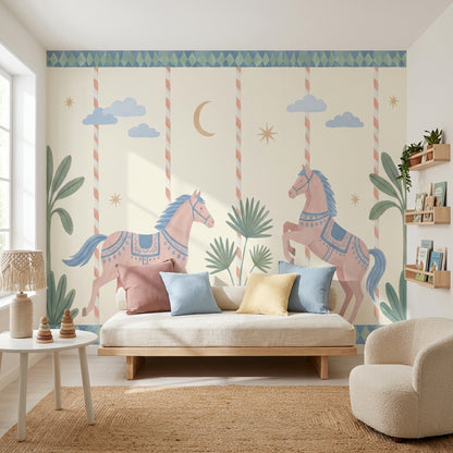 Whimsical Horses Wallpaper Pastel Geometric Removable Wall Decor
