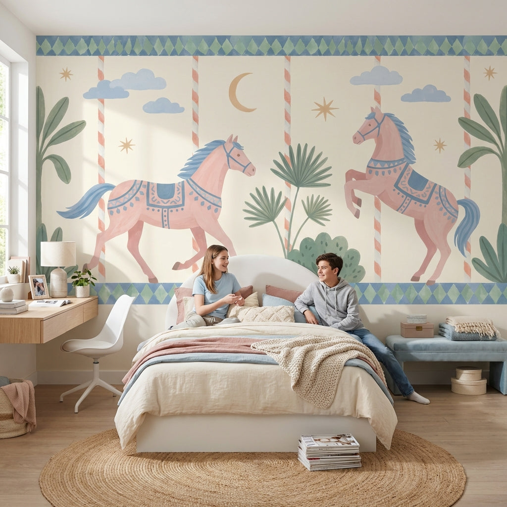 Whimsical Horses Wallpaper Pastel Geometric Removable Wall Decor