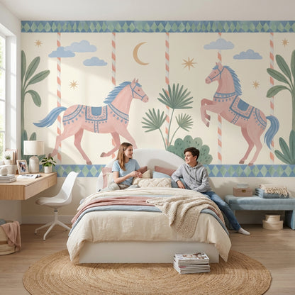 Whimsical Horses Wallpaper Pastel Geometric Removable Wall Decor
