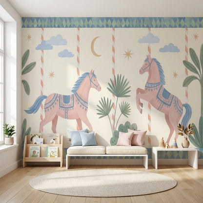 Whimsical Horses Wallpaper Pastel Geometric Removable Wall Decor