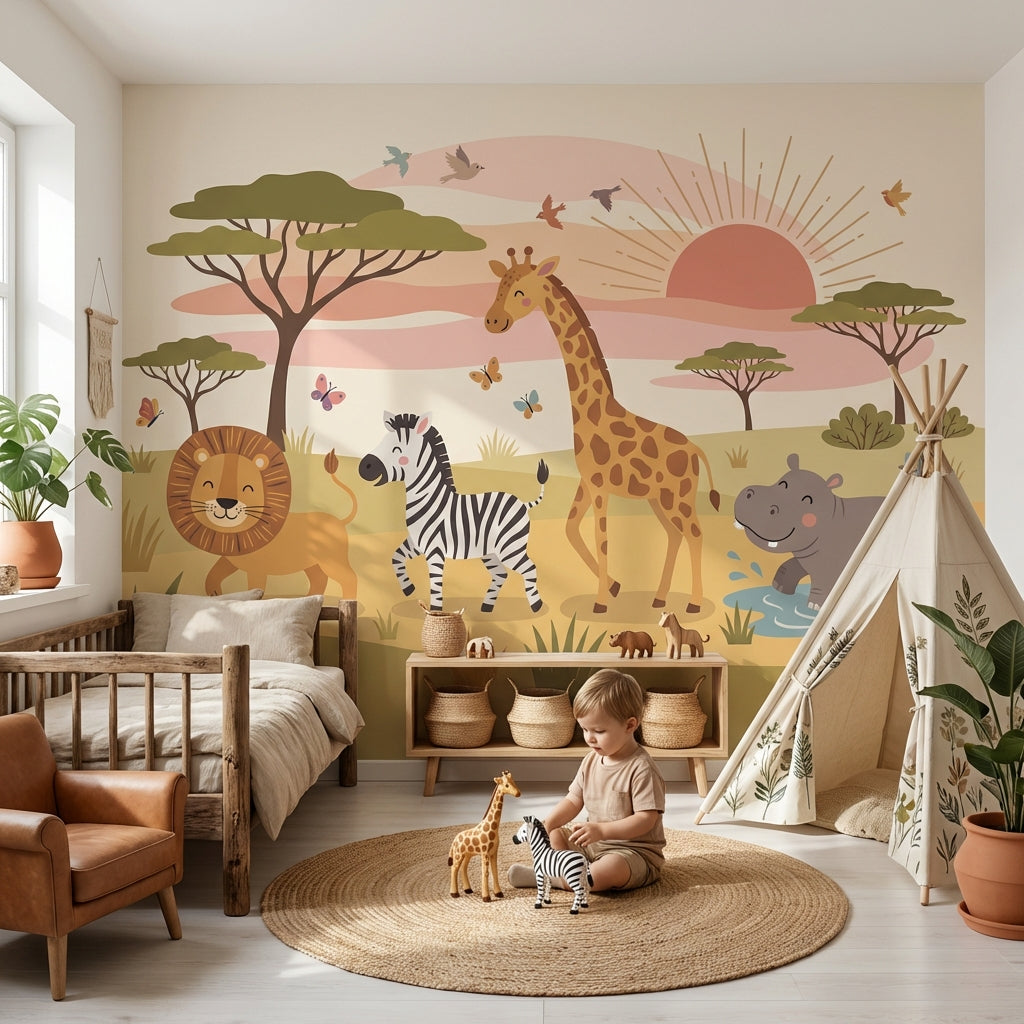 Safari Cartoon Wallpaper Nature Animals Wall Mural