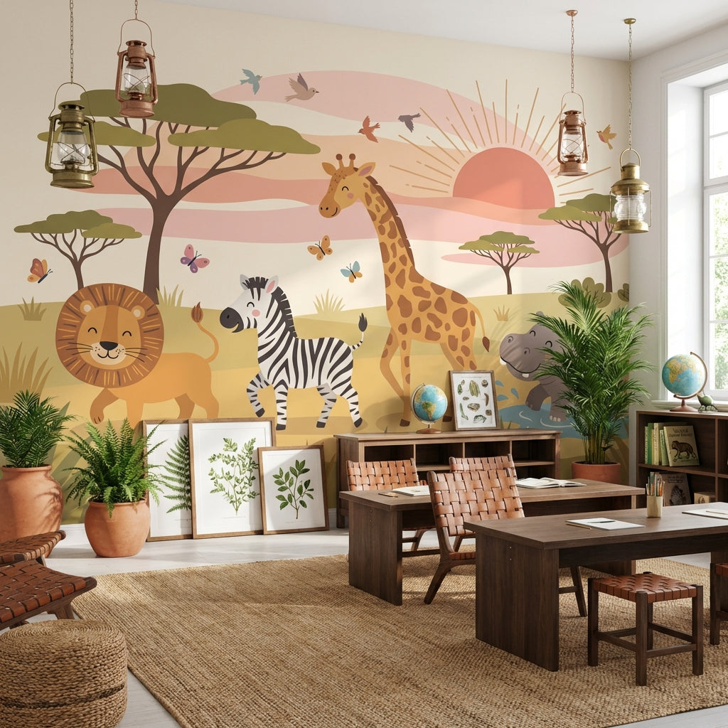 Safari Cartoon Wallpaper Nature Animals Wall Mural