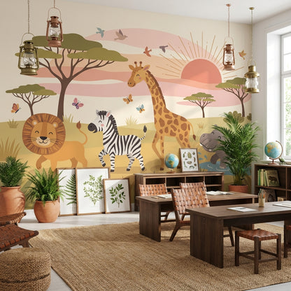 Safari Cartoon Wallpaper Nature Animals Wall Mural
